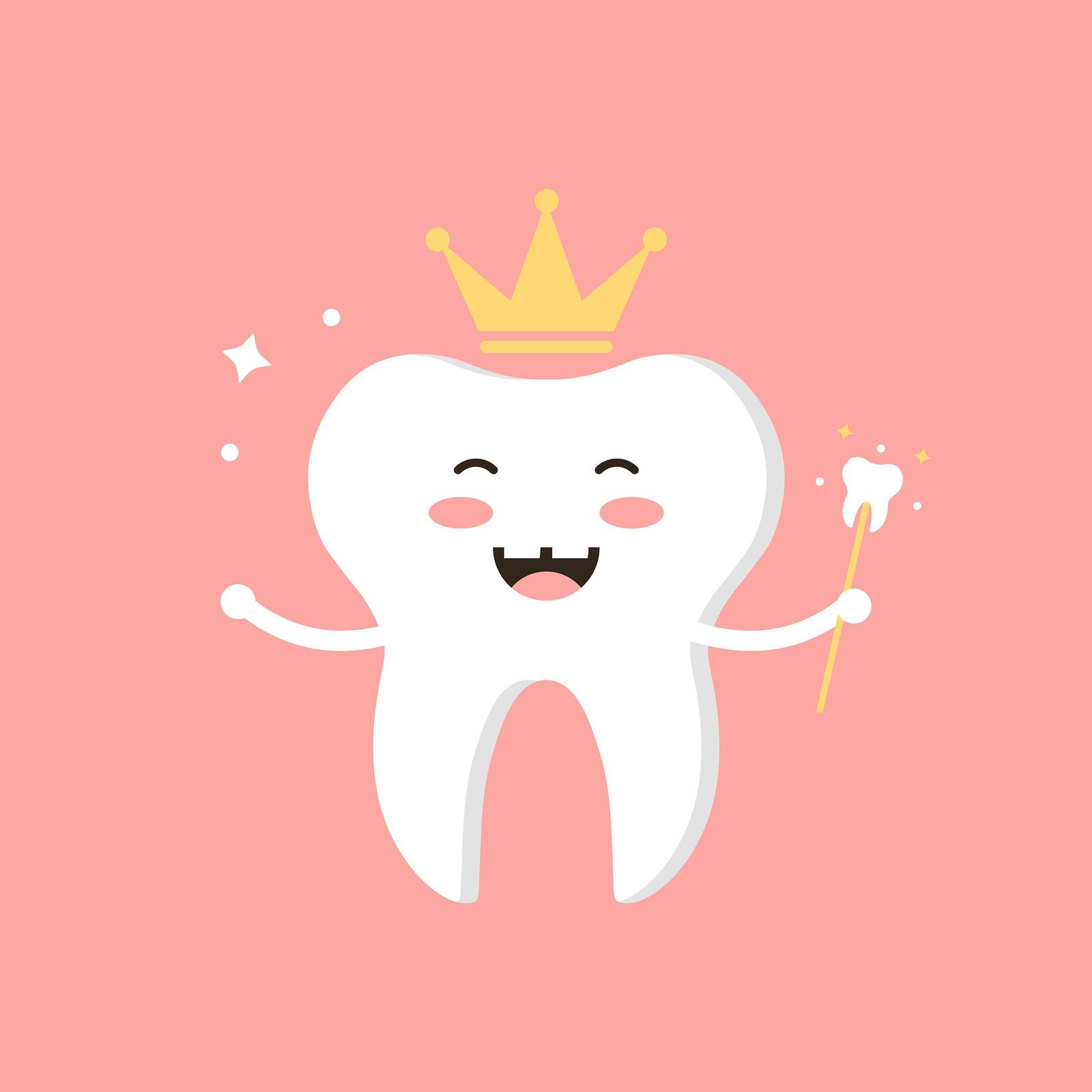 A cartoon tooth wearing a crown and holding a magic wand - Dentist