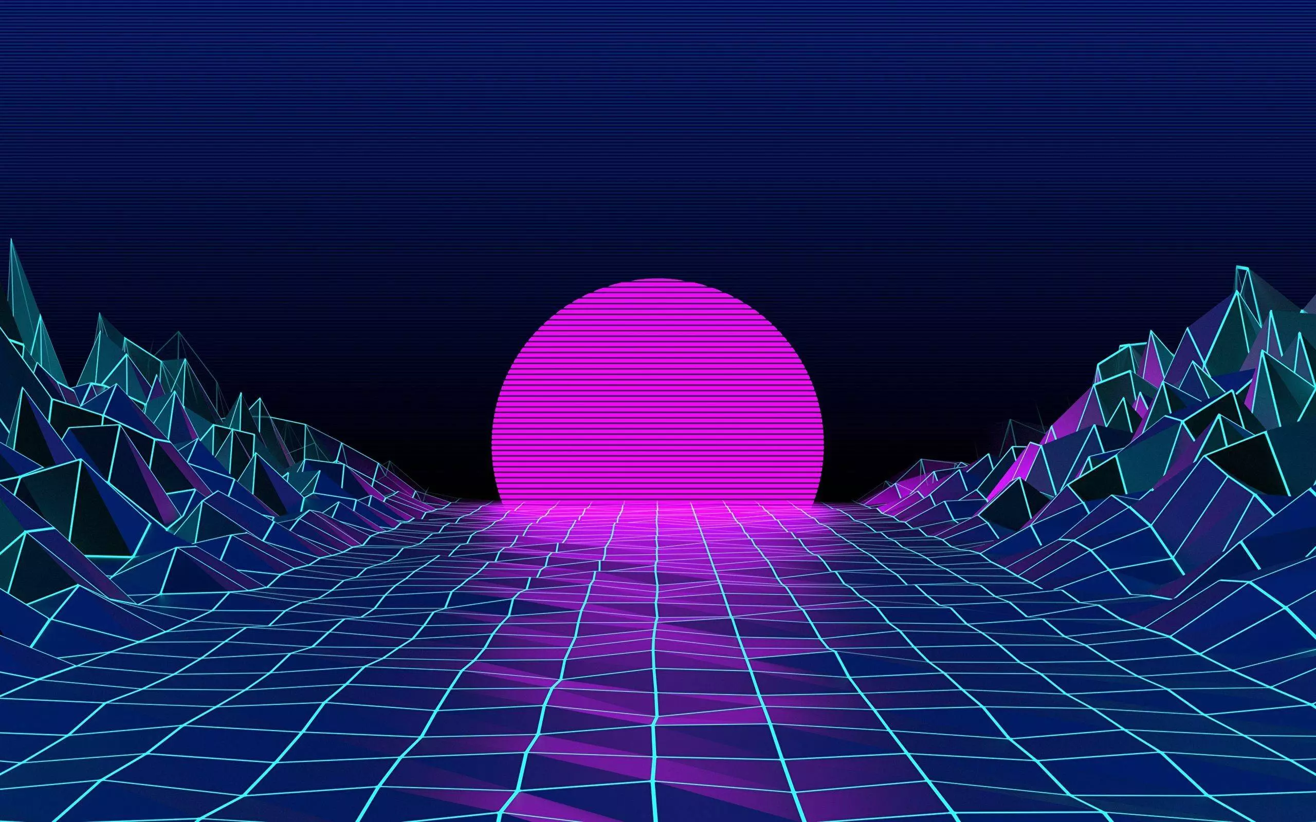 A synthwave wallpaper of a neon purple and blue sunset over a mountain range - Cyan