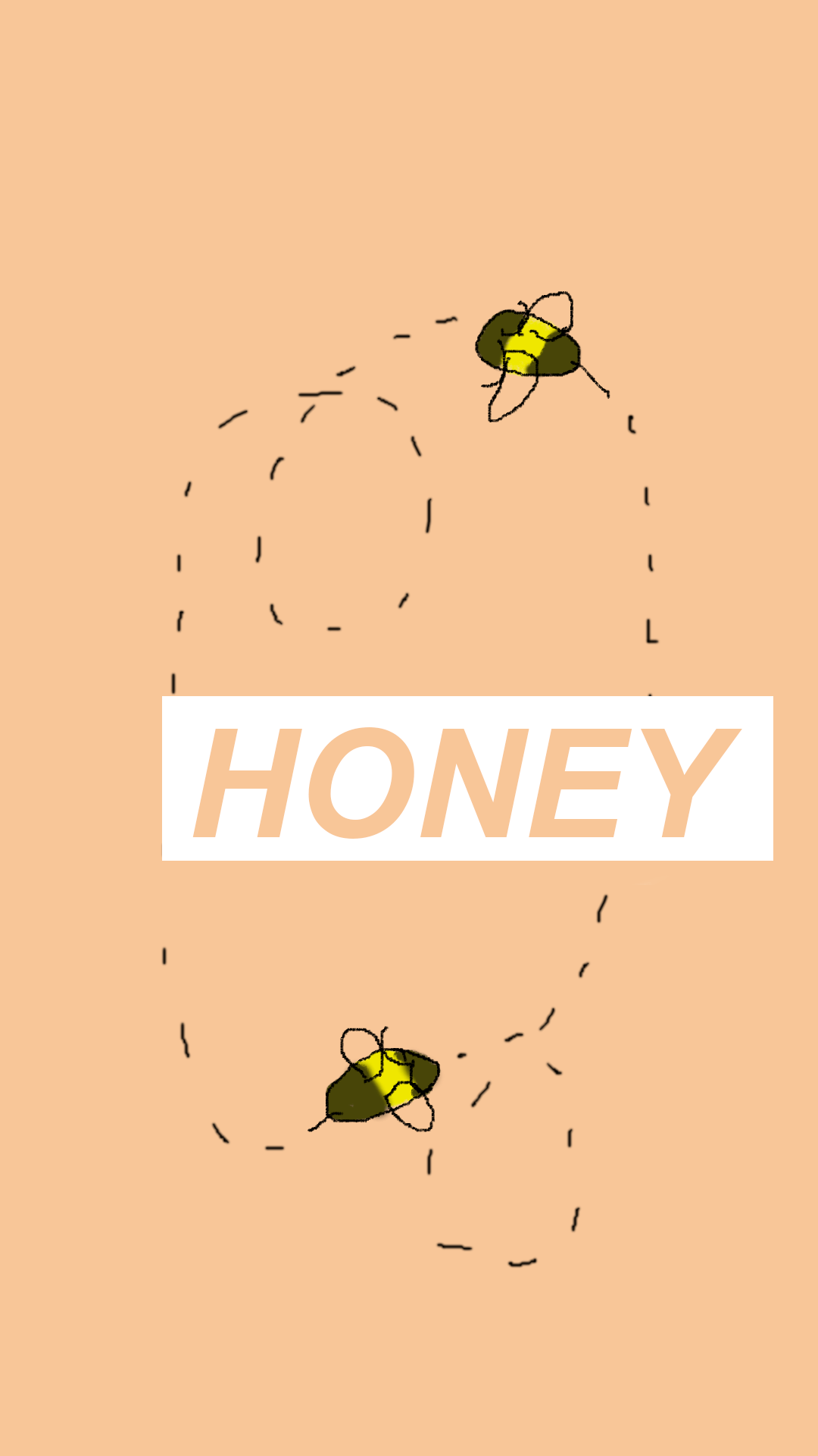 An aesthetic image with two bees flying around the word 
