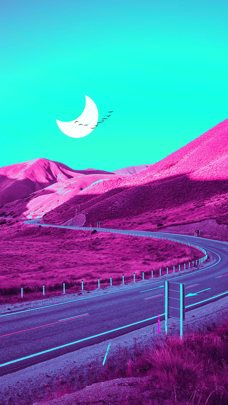 IPhone wallpaper of a road in the middle of a desert with a half moon in the sky - Landscape, outdoors
