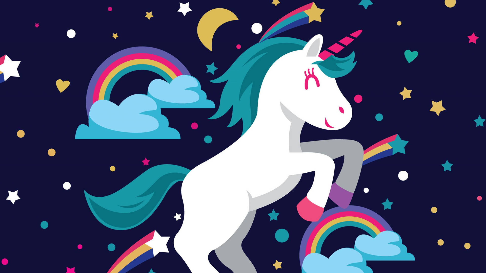 A white unicorn with a blue mane and tail, standing on its hind legs, surrounded by rainbows, clouds, stars, and the moon. - Unicorn