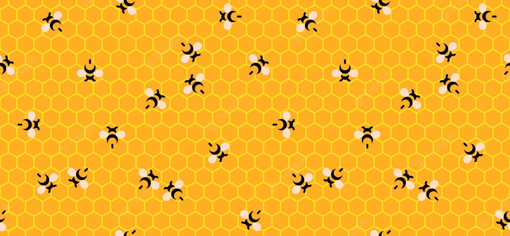 Premium Vector. Cute beehive on honeycomb seamless pattern cartoon bees on yellow honey background