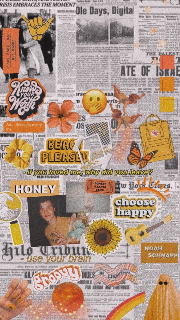 A collage of newspaper articles, stickers, and photos of Harry Styles. - Honey, yellow iphone, orange, dark orange