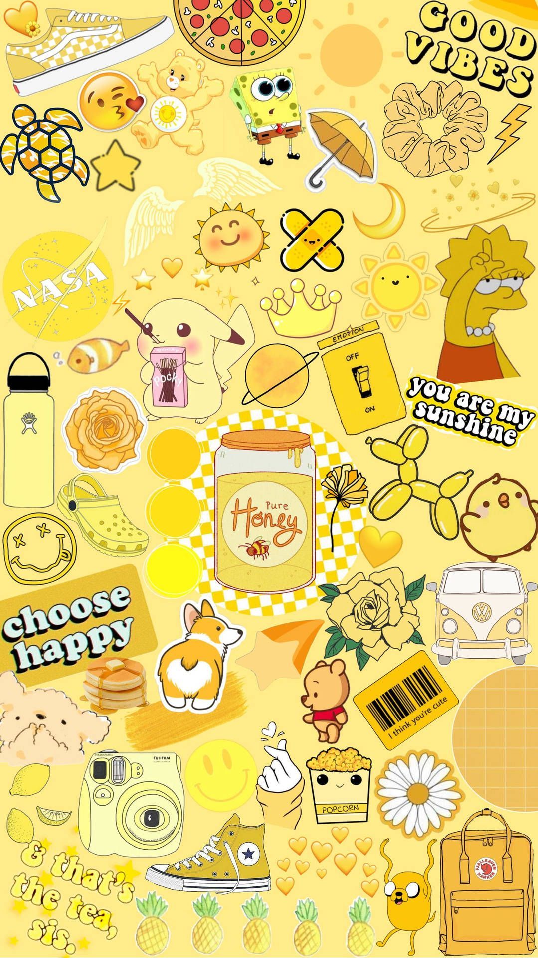 A yellow poster with lots of stickers on it - Yellow, honey, pastel, light yellow, pastel yellow