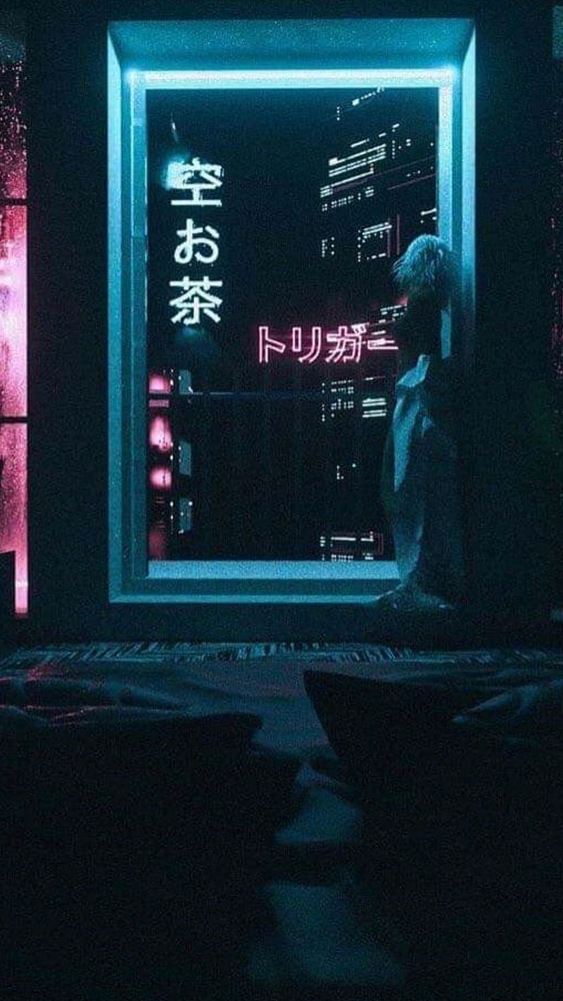 Aesthetic phone wallpaper of a girl in a room with pink and blue lights - Indigo, technology