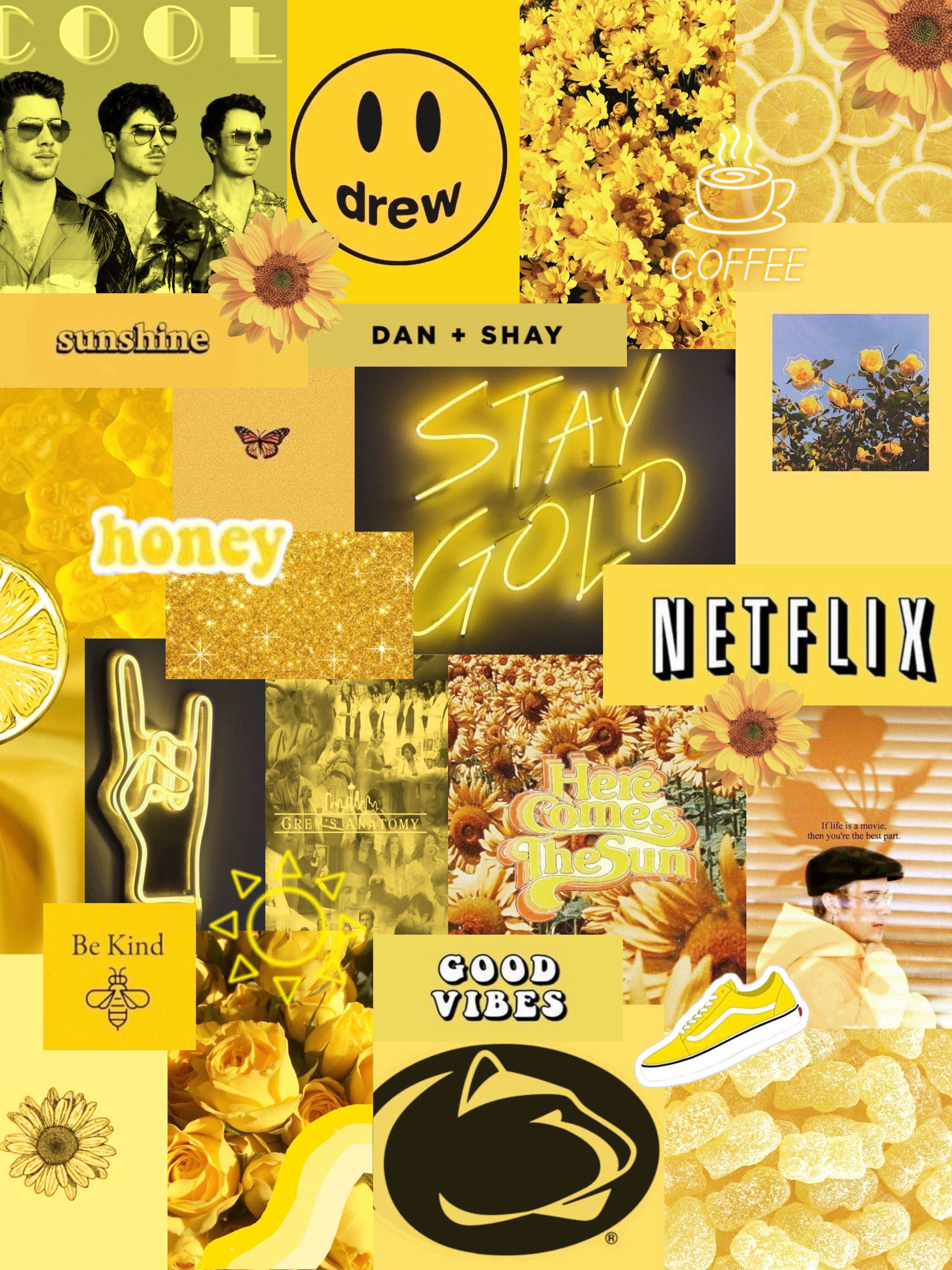 A collage of yellow aesthetic pictures including sunshine, honey, a smiley face, and the words 'Stay Gold'. - Netflix, honey, Grey's Anatomy, sunshine, yellow