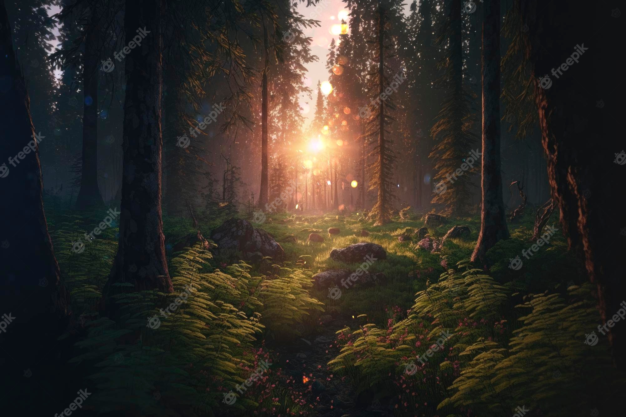 Premium Photo. Sunrise in a forest aesthetic background witchcraft magic wallpaper ai generated