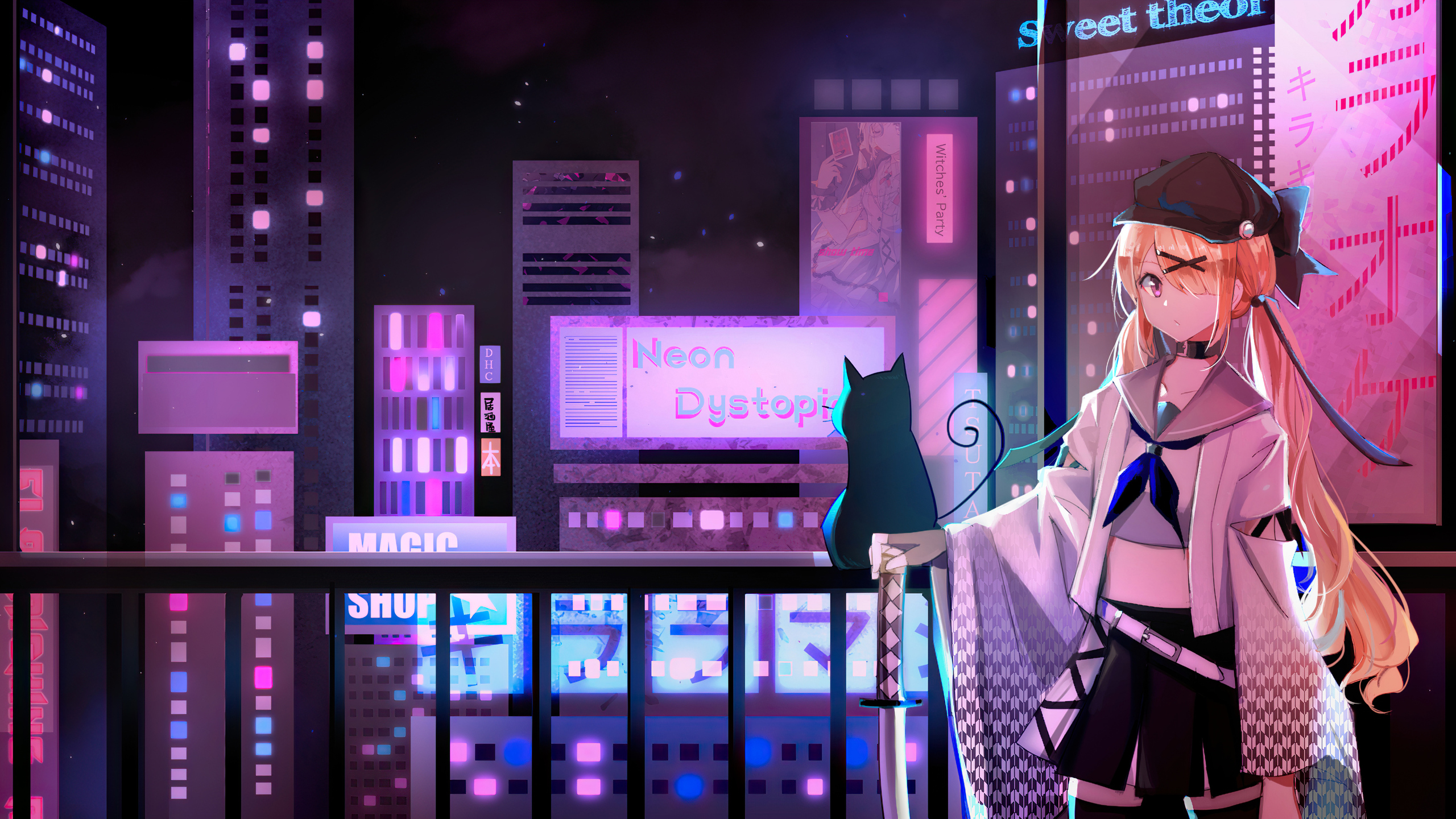 Anime girl with cat and neon city background - Magic