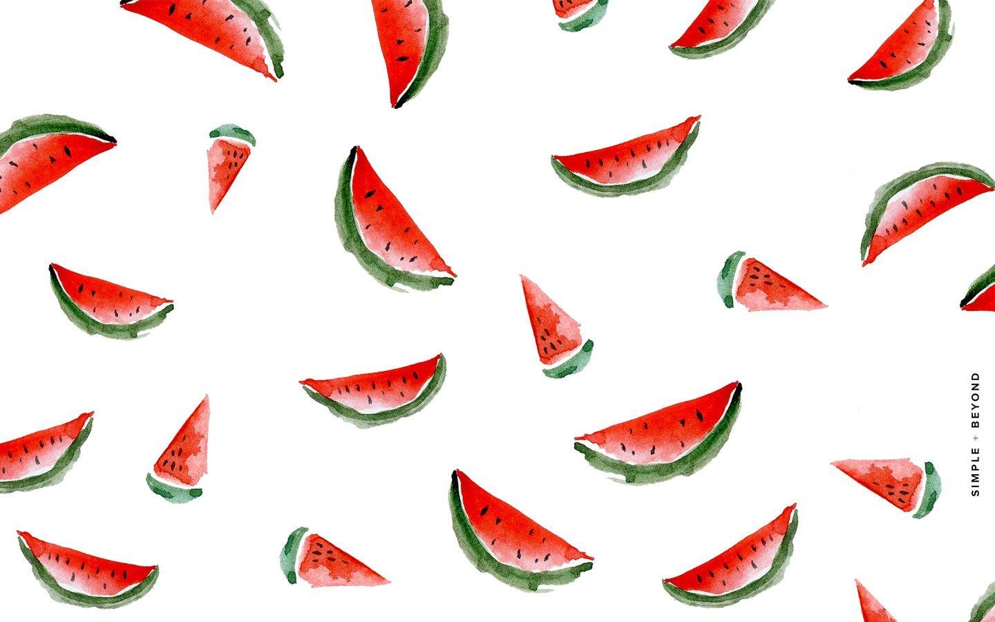 Watercolor pattern of red and green watermelon slices on a white background - Watermelon