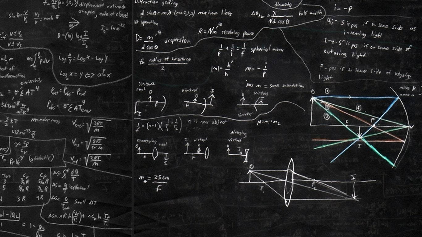 A blackboard with mathematical equations and diagrams written on it in white chalk. - Math