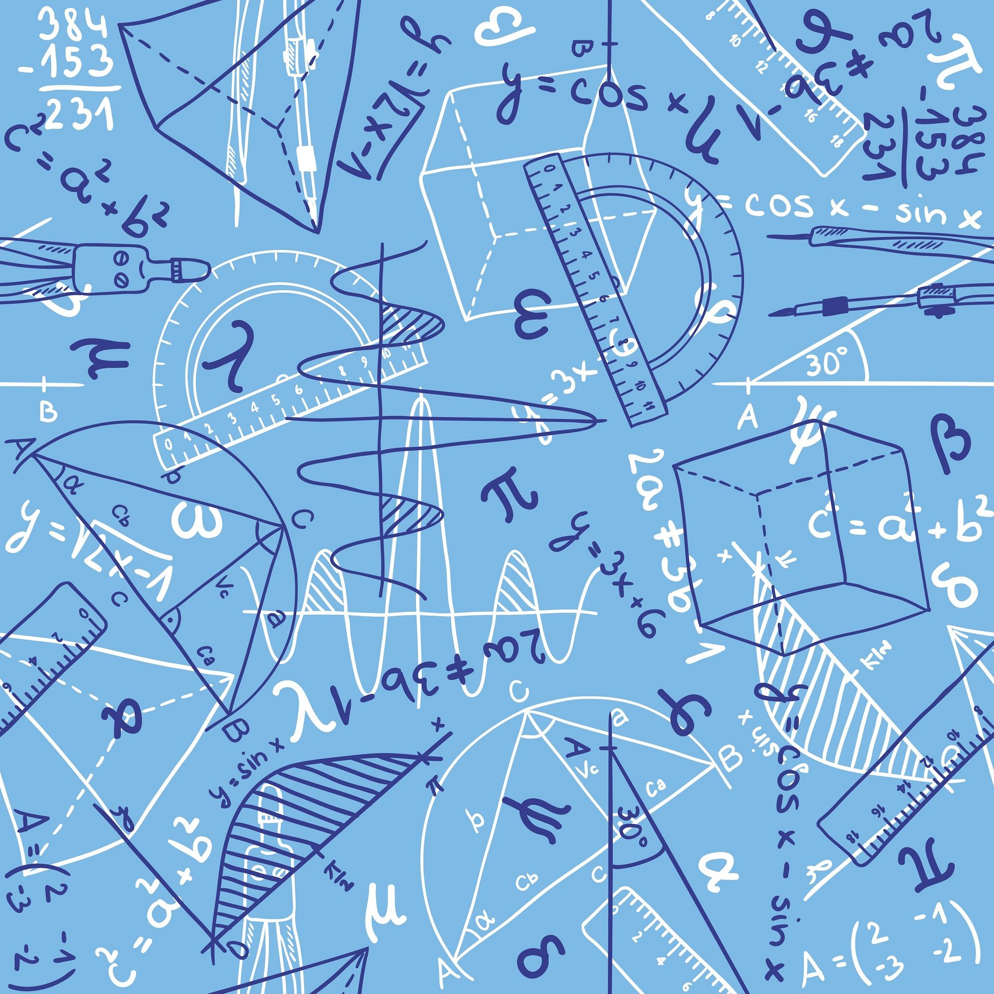 A blue and white pattern of math equations, rulers, and protractors - Math