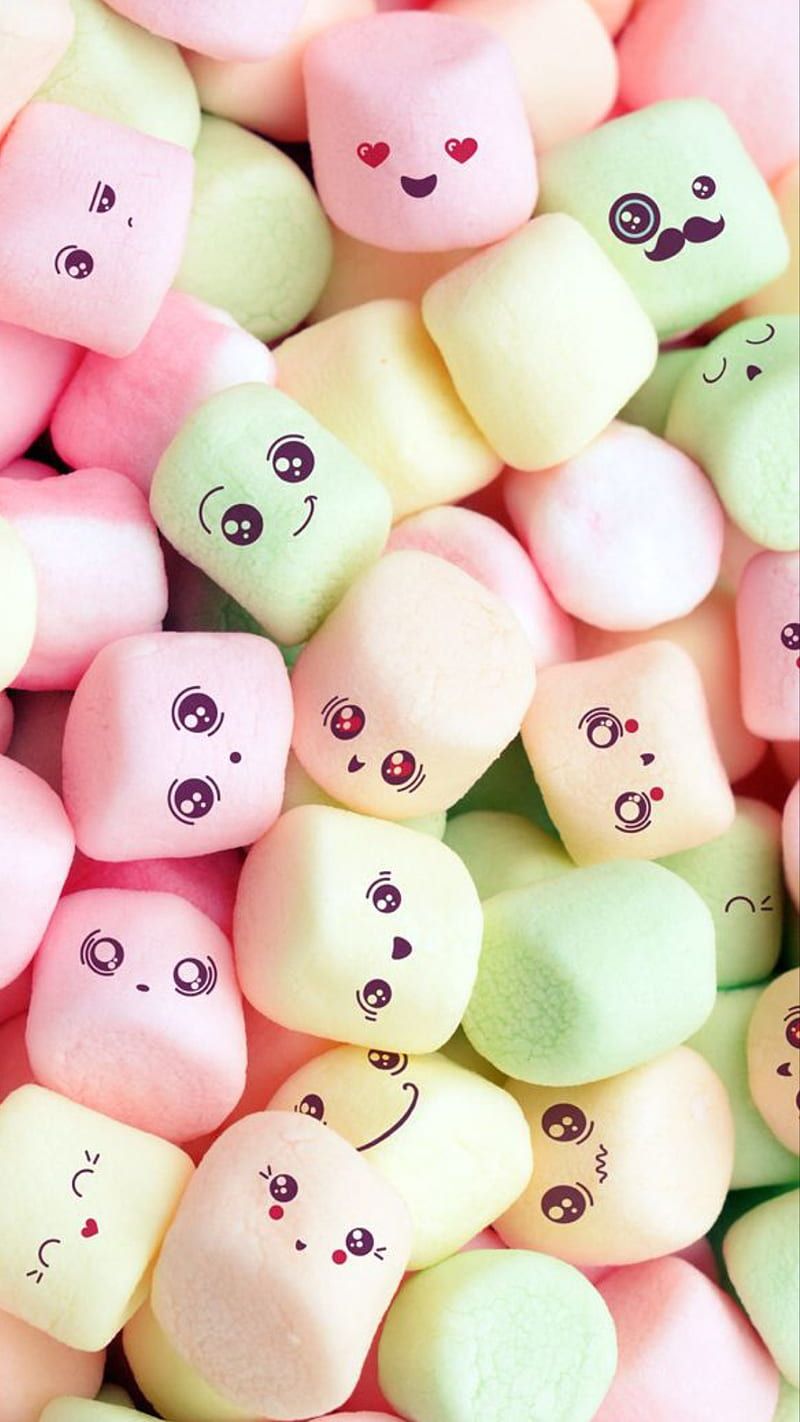 Marshmallows, candy, cute, faces, green, marshmallow, orange, pink, smile, sweets, HD phone wallpaper