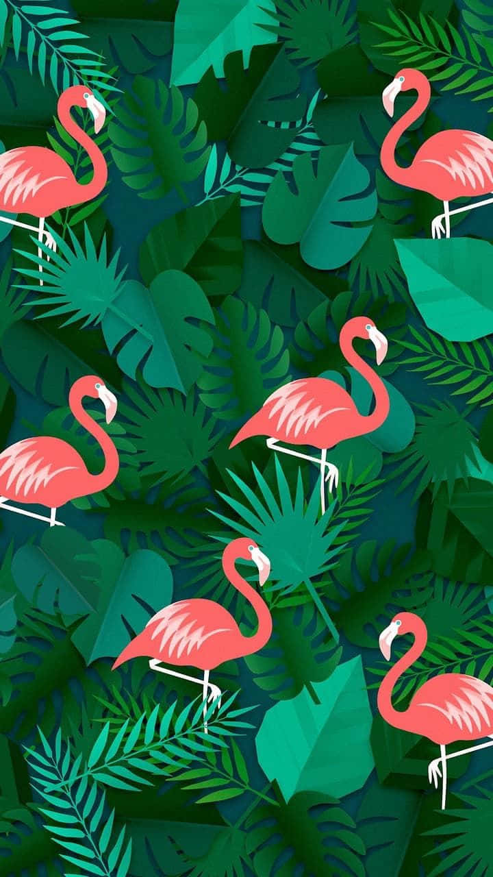 Download Pink And Green Aesthetic Flamingos And Leaves Wallpaper