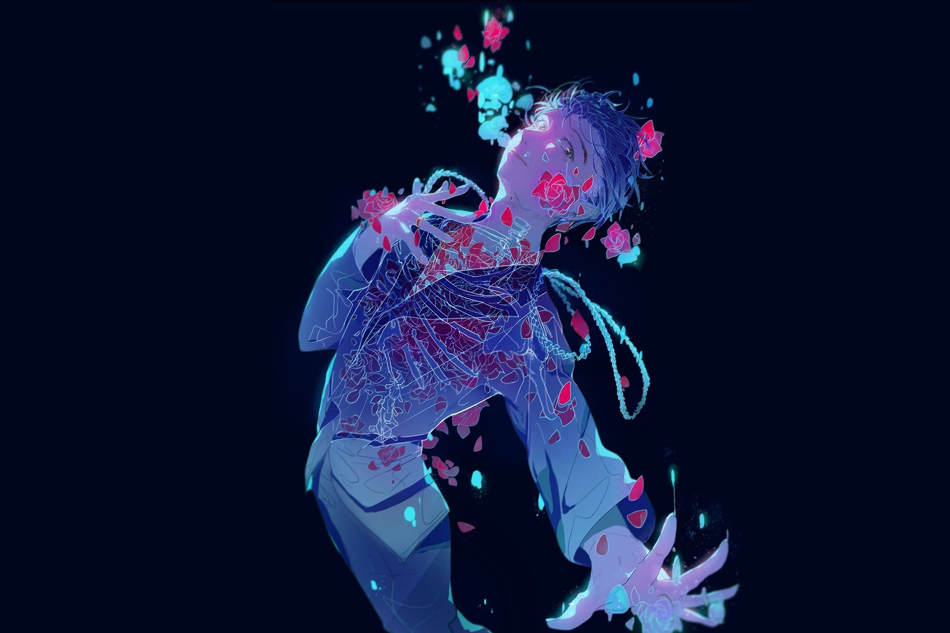 A blue anime boy with flowers in his hair and a dark background - Ice