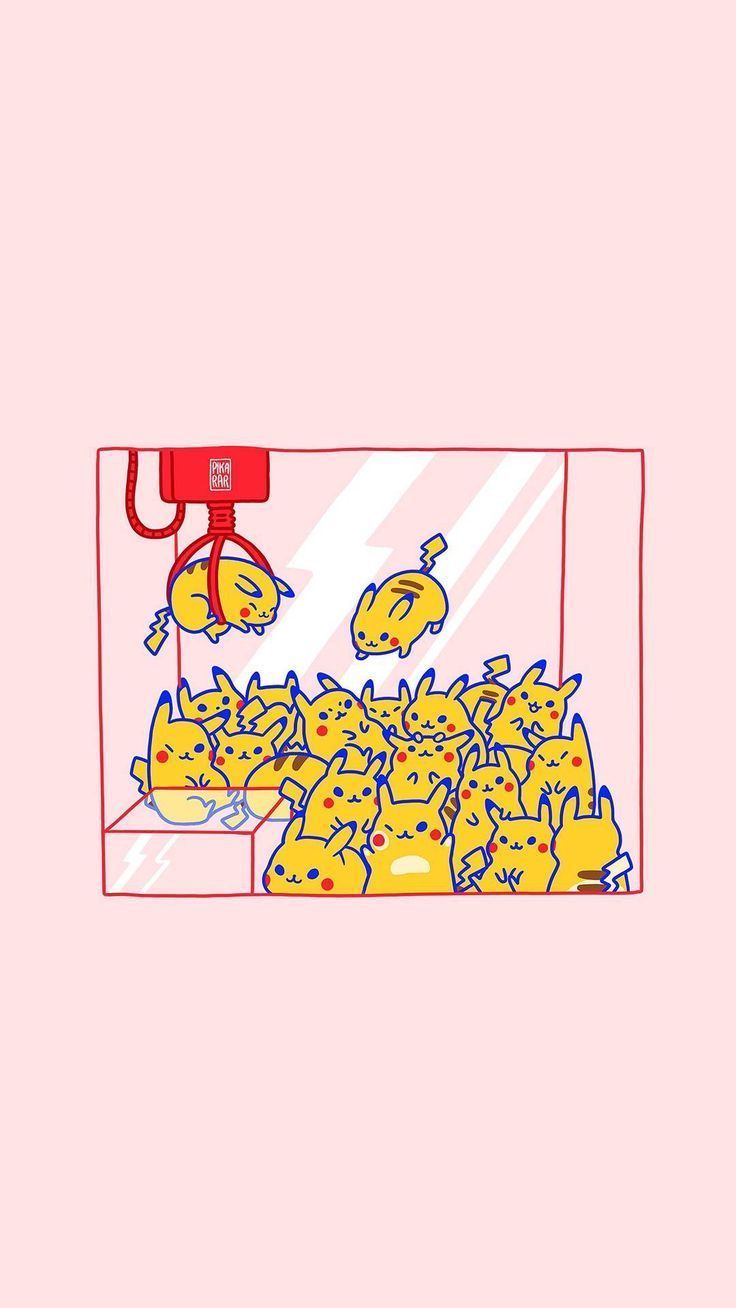 A pink background with a claw machine full of yellow cats. - Pikachu, Pokemon