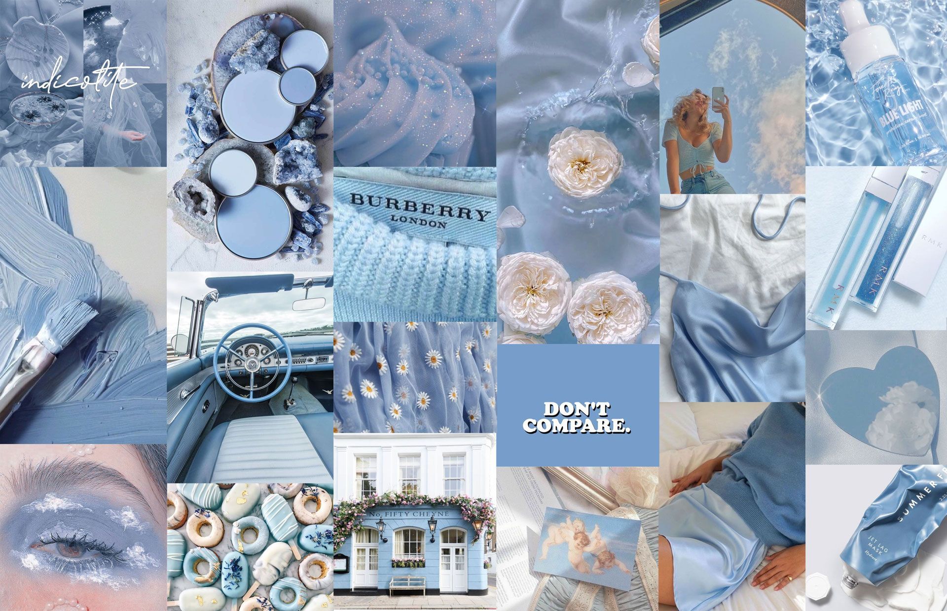 A collage of photos in blue and white aesthetic - Blue, laptop, collage