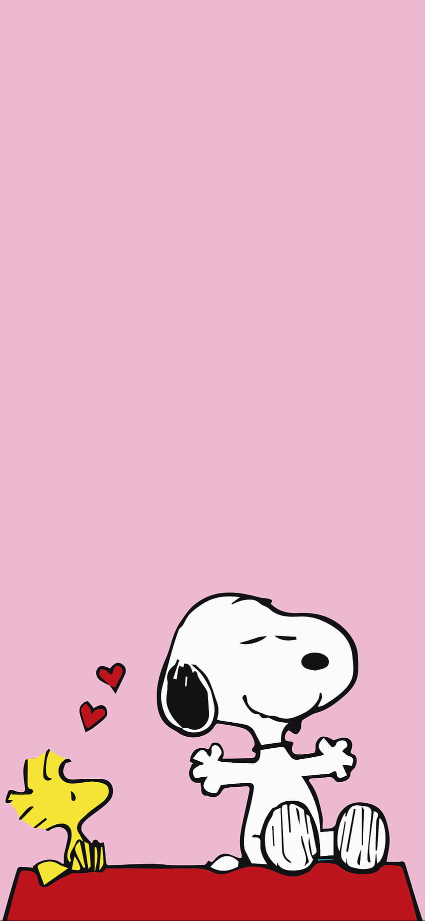 Snoopy and woodstock sitting on a bed with hearts - Charlie Brown