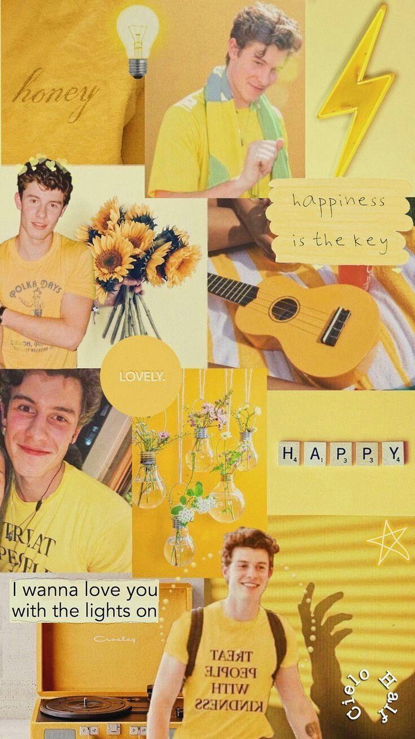 A collage of pictures with yellow backgrounds - Shawn Mendes