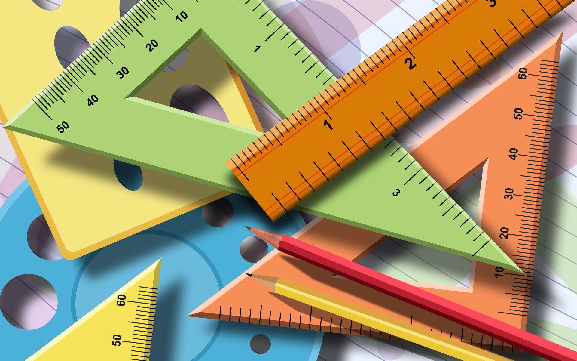 A pile of colorful rulers and pencils on top of lined paper. - Math