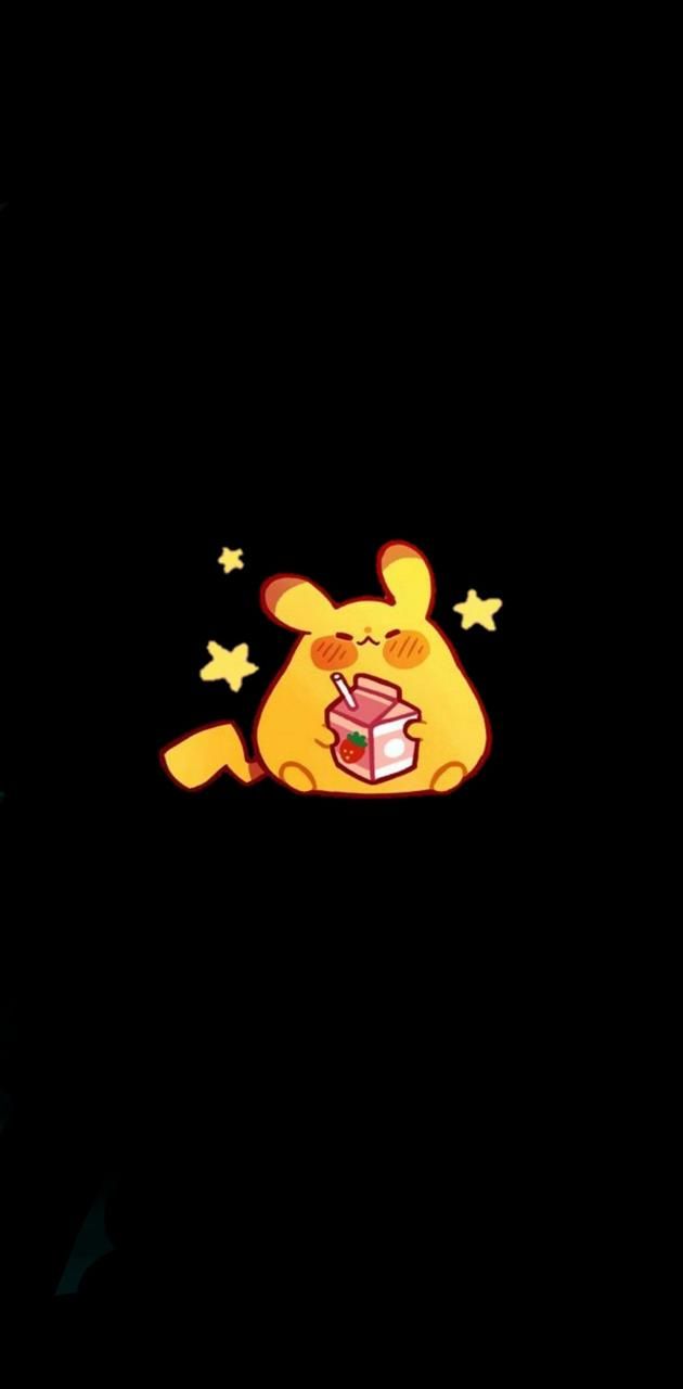 Cute wallpaper of a yellow Pokemon character eating a pink box of sweets - Pikachu