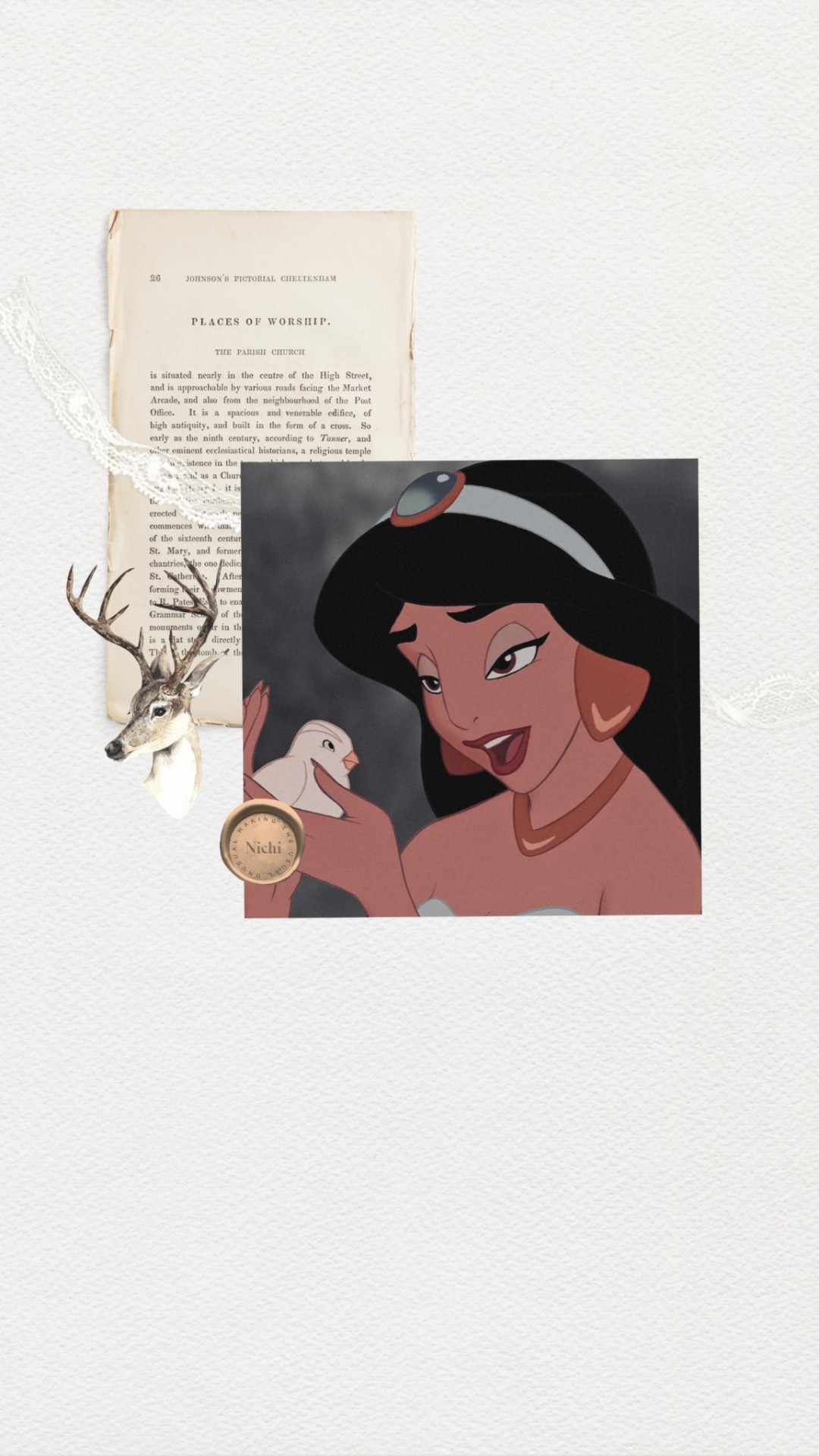 A collage of Jasmine from Aladdin, a page from a book, a necklace with a deer head charm, and a coin with the word 