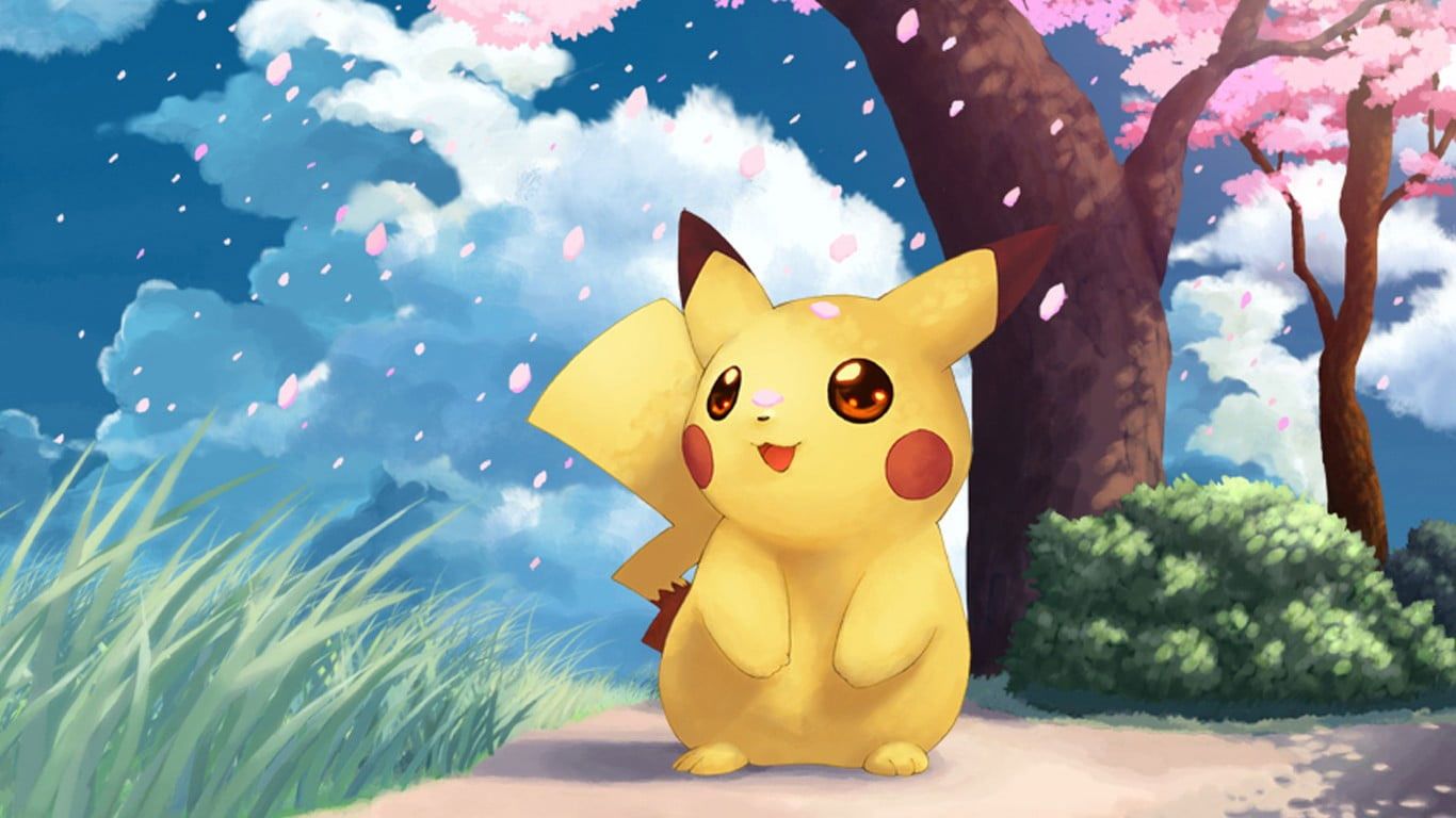 Pikachu in a forest with cherry blossoms - Pikachu