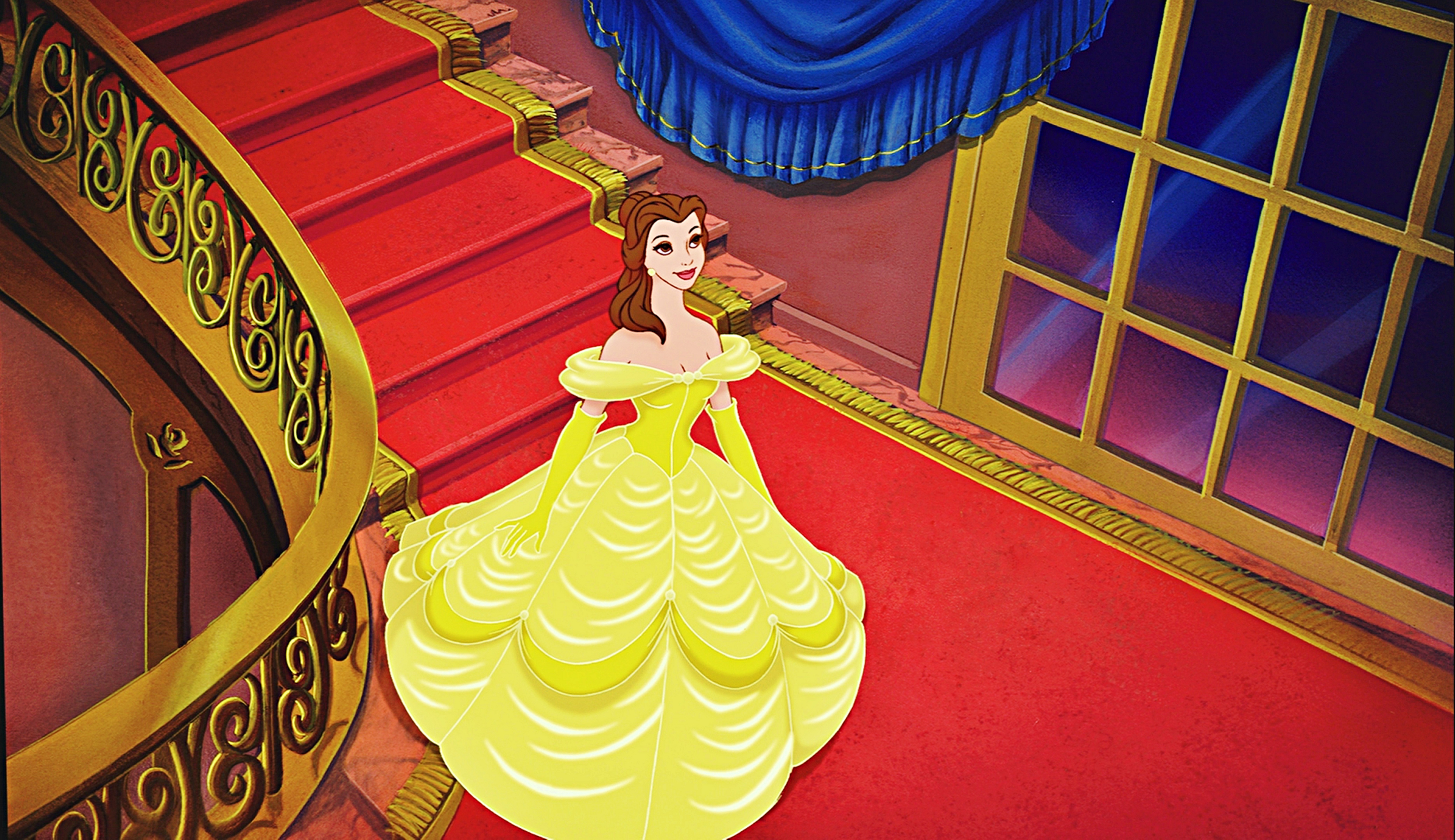 Belle from Beauty and the Beast standing on a red carpeted staircase - Belle