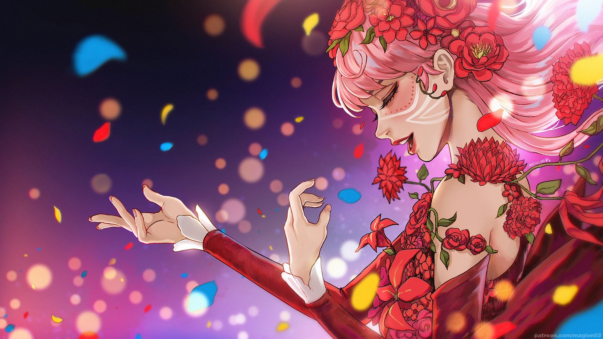 A girl with pink hair and red flowers - Belle