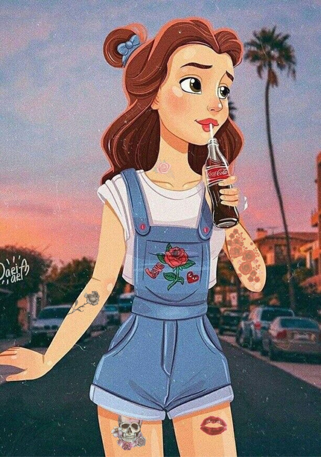 A Disney cartoon character with tattoos holding a coke - Belle
