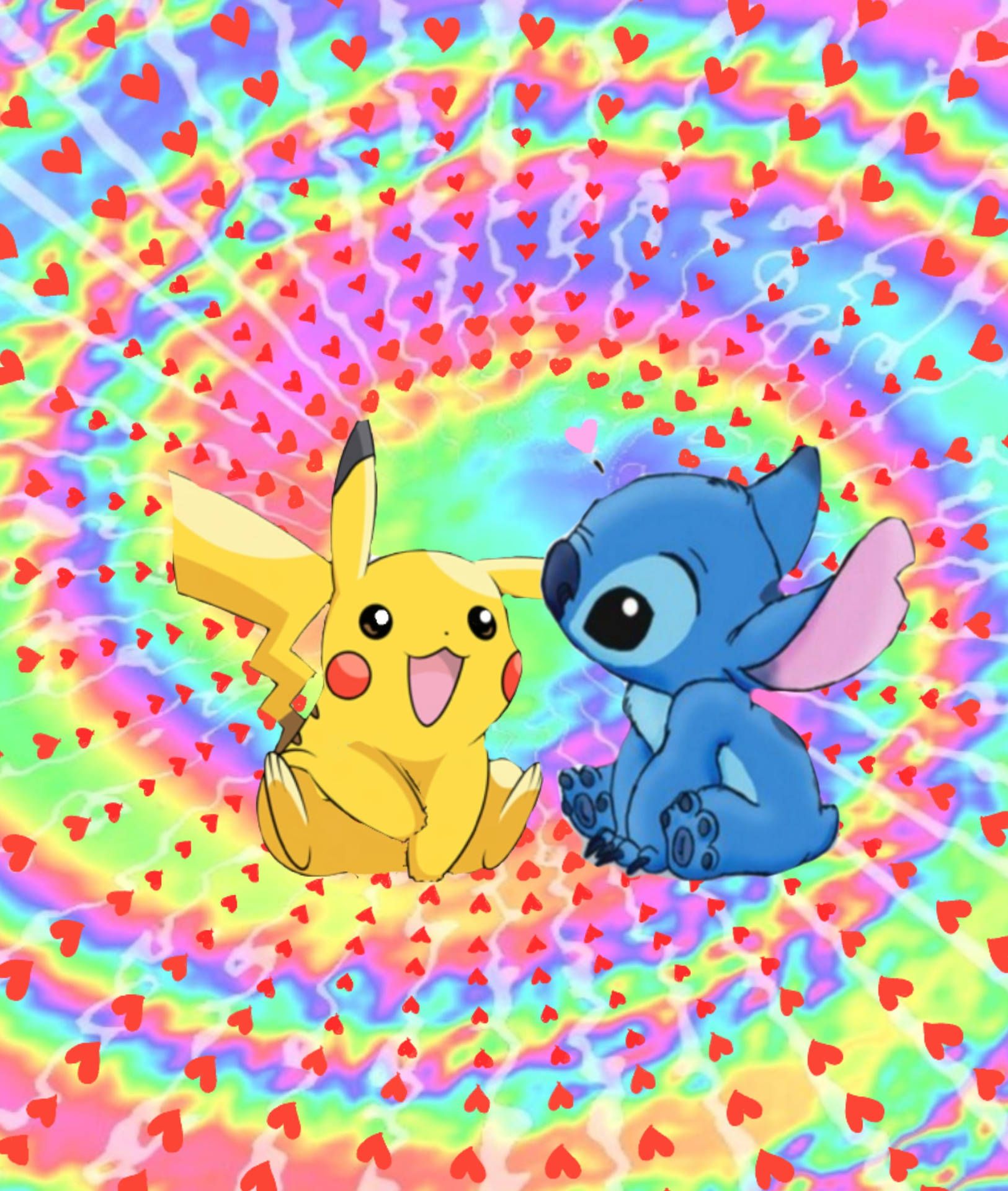 Aesthetic phone background of Pikachu and Stitch on a rainbow background with hearts - Pikachu