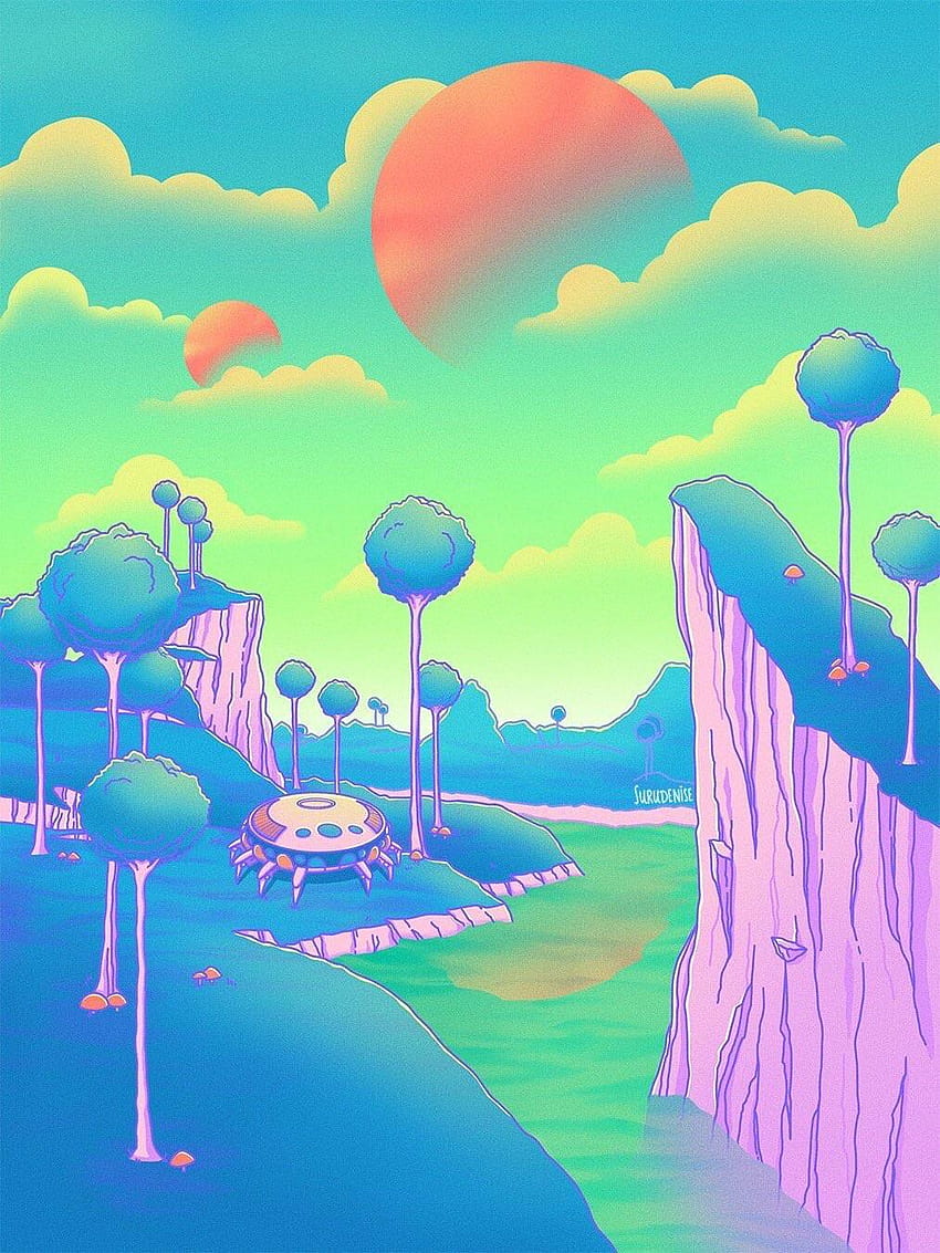 A digital painting of a colorful landscape with a spaceship - Dragon Ball