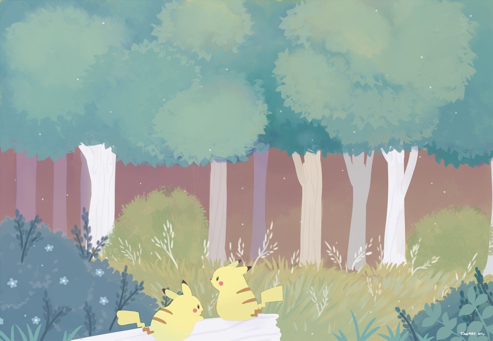 Two yellow pokemon sitting on a log in the woods - Pikachu