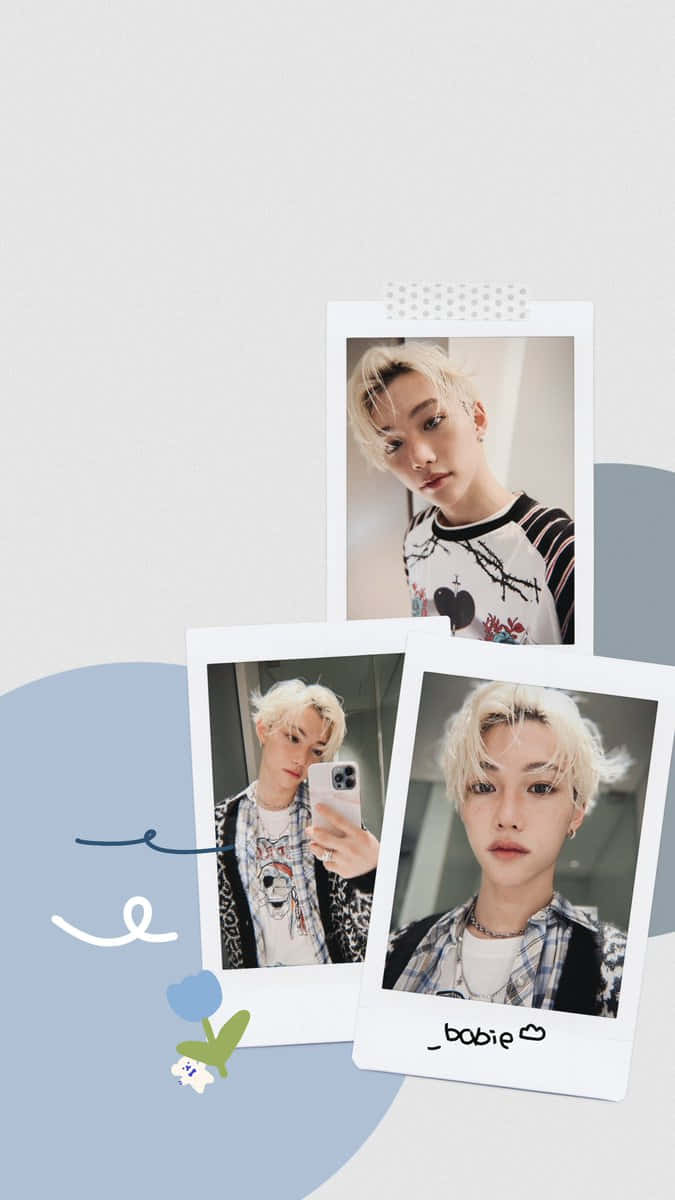 A picture of three pictures with the same person in them - Bang Chan