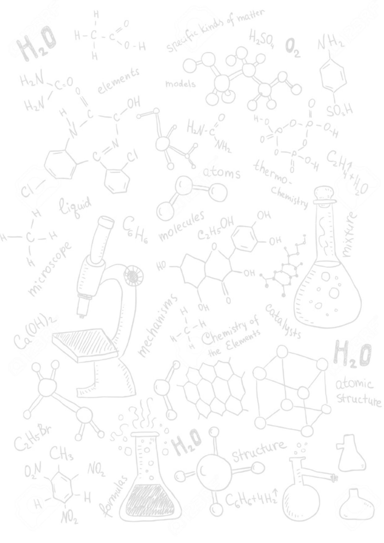 A drawing of chemistry elements, including molecules, atoms, and structures. - Chemistry