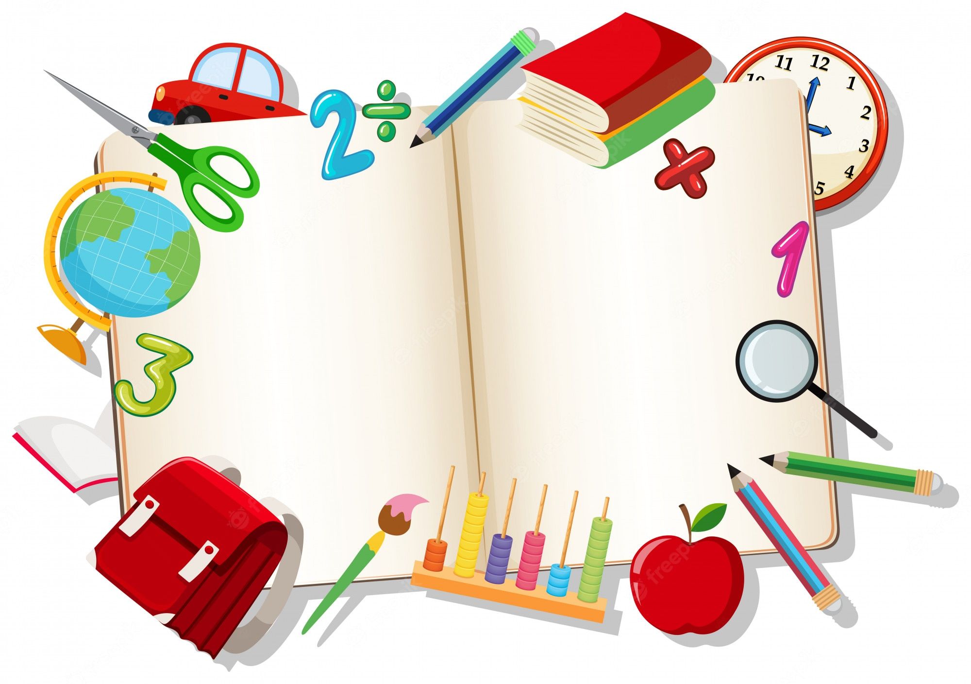 Open book with school items on the white background - Math