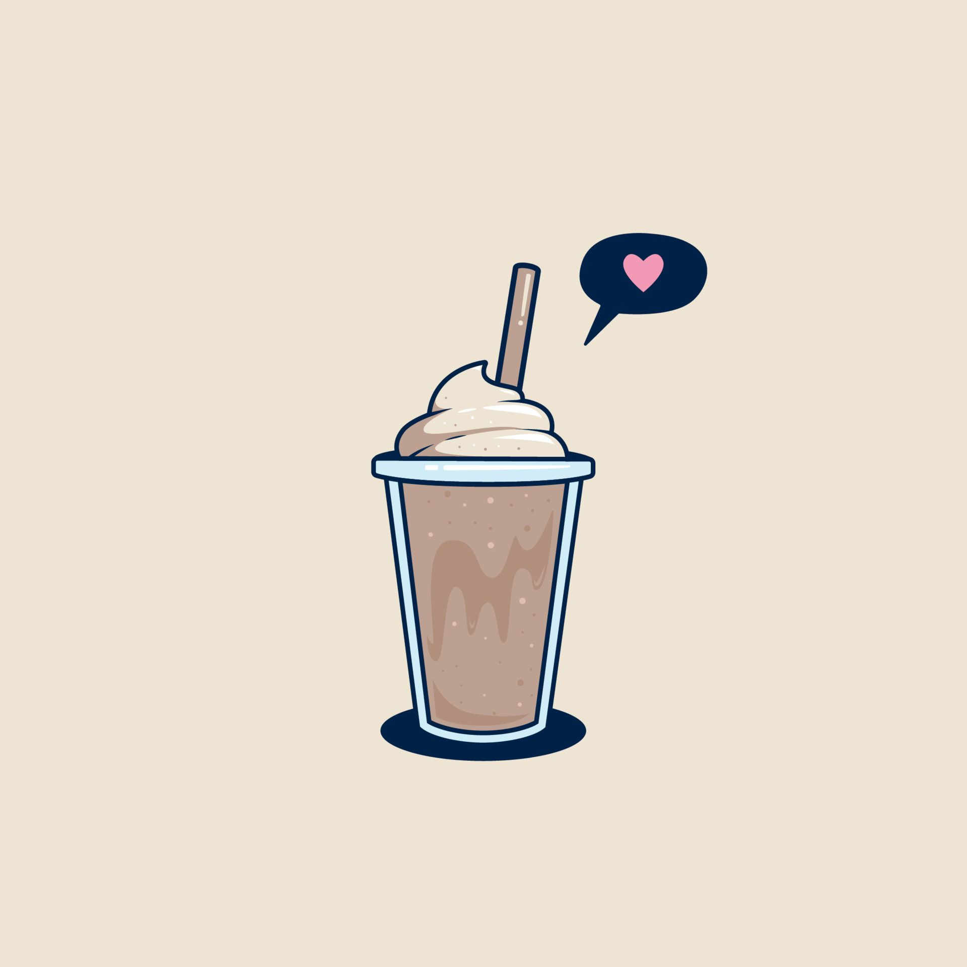 A cup of chocolate frappuccino with whipped cream on top and a heart-shaped speech bubble saying 