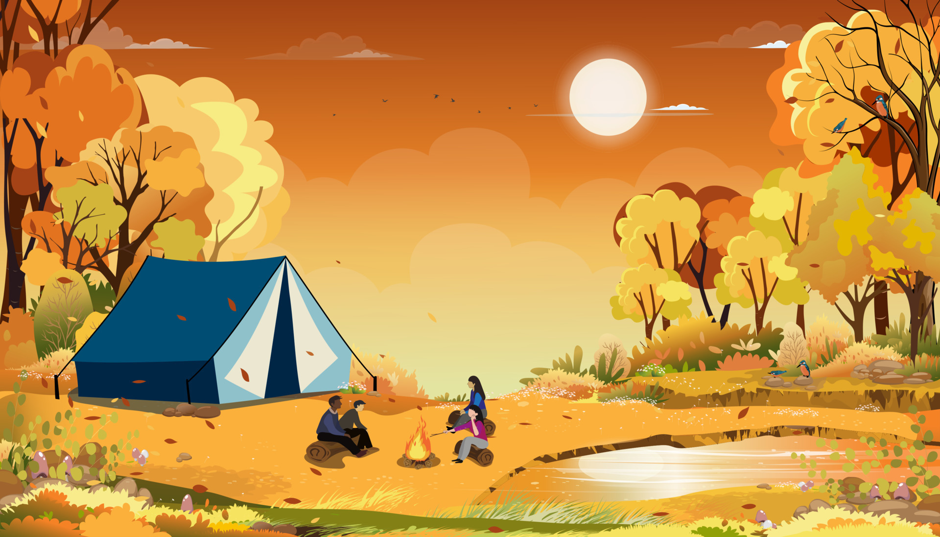 Family enjoying vacation camping at countryside in Autumn, Group of People sitting near the tent and campfire having fun talking together, Vector Rural landscape in fall forest tree with sunset sky Vector