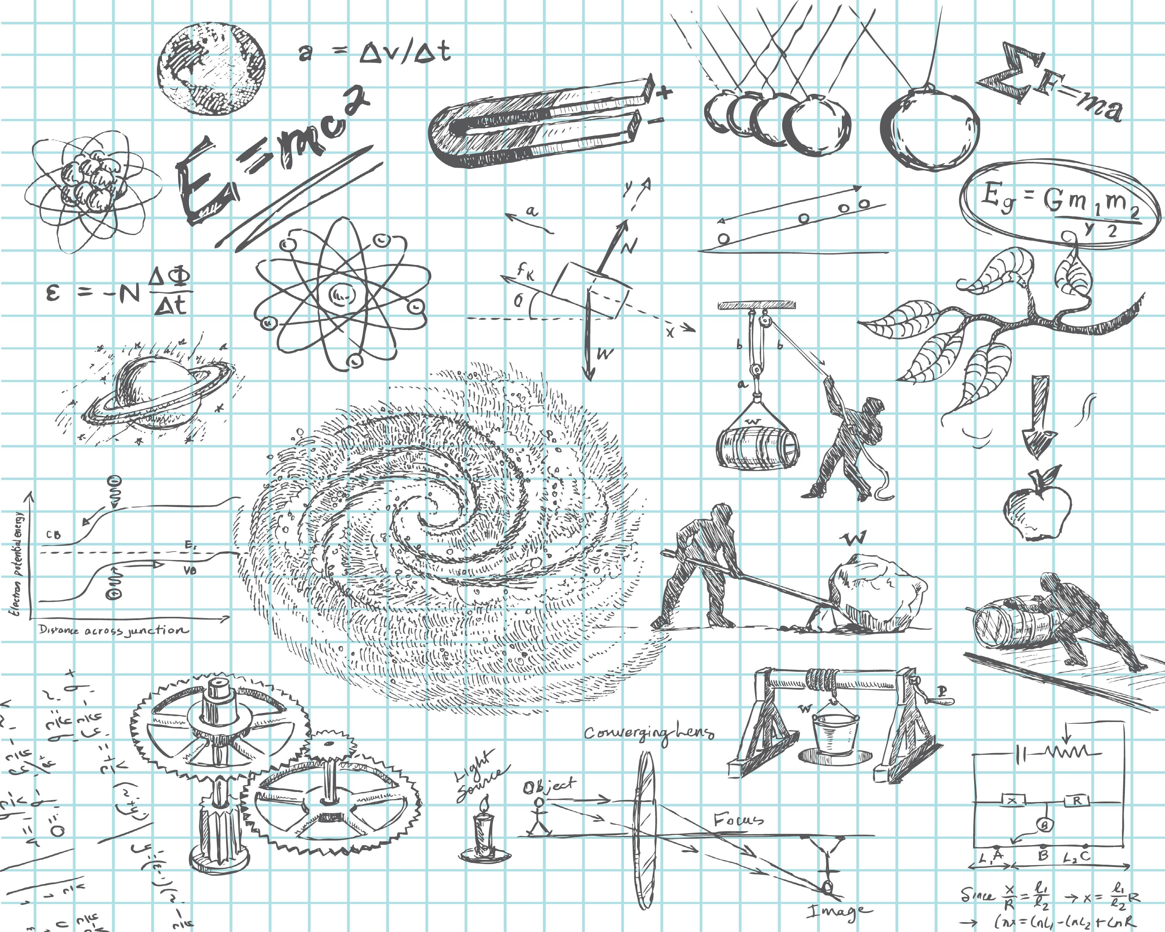 Various scientific and mathematical drawings on a blue grid paper - Math