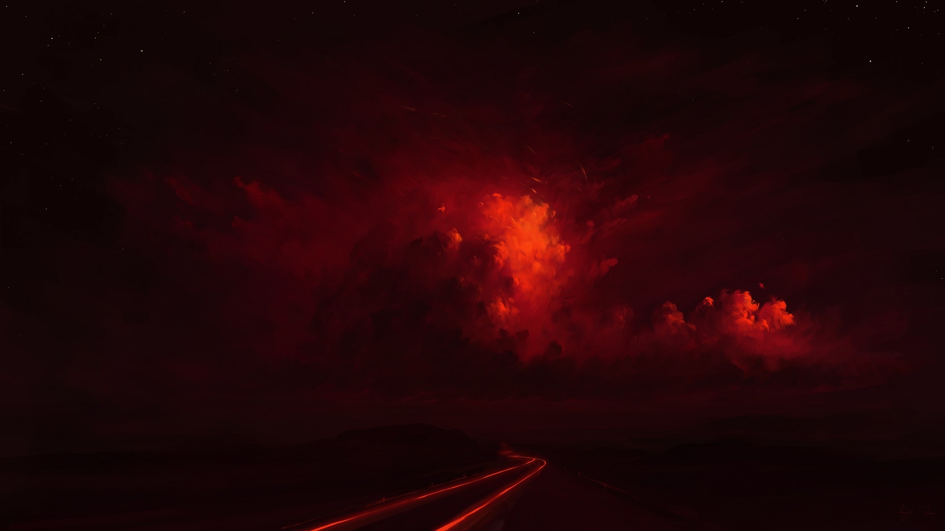 A red and black photo of a road with red lights going down it and red clouds in the sky. - Crimson