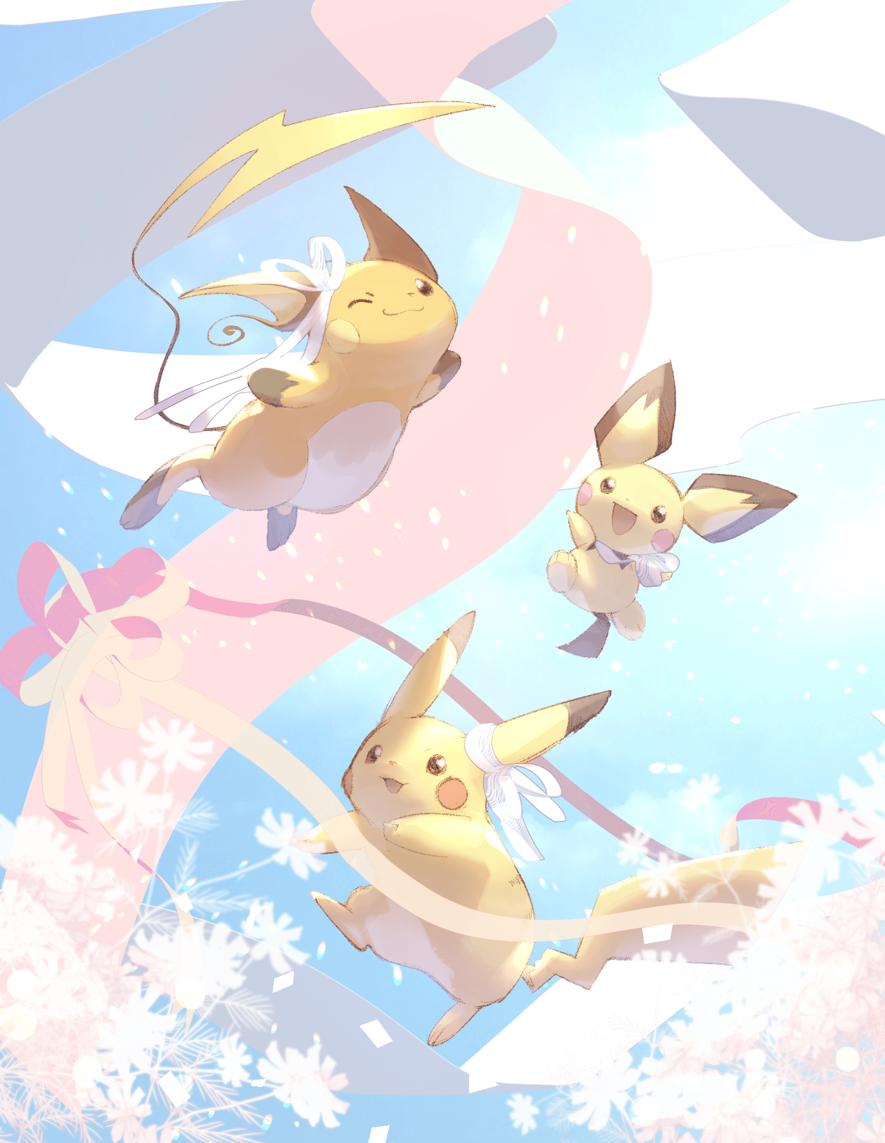 A group of Eeveelutions flying in the sky - Pikachu