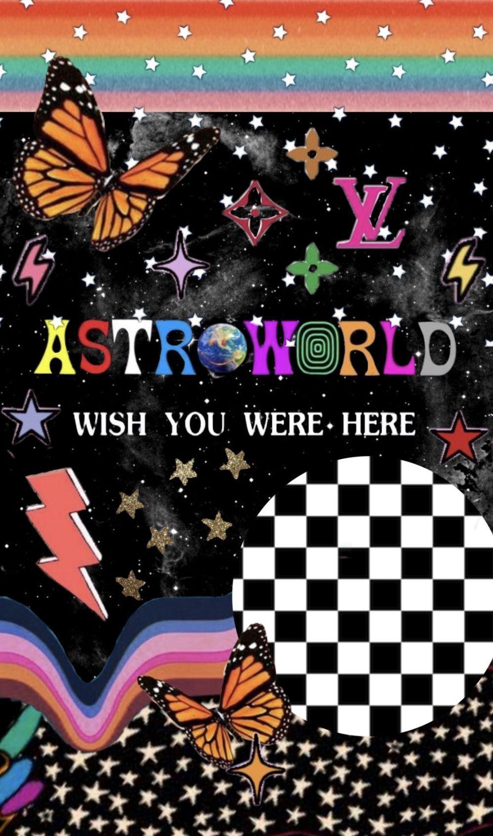 A poster with the words astro world and wish you were here - Trippy