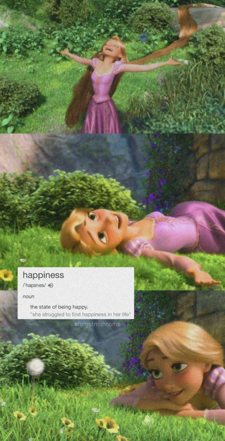 Rapunzel in the grass with the definition of happiness - Rapunzel