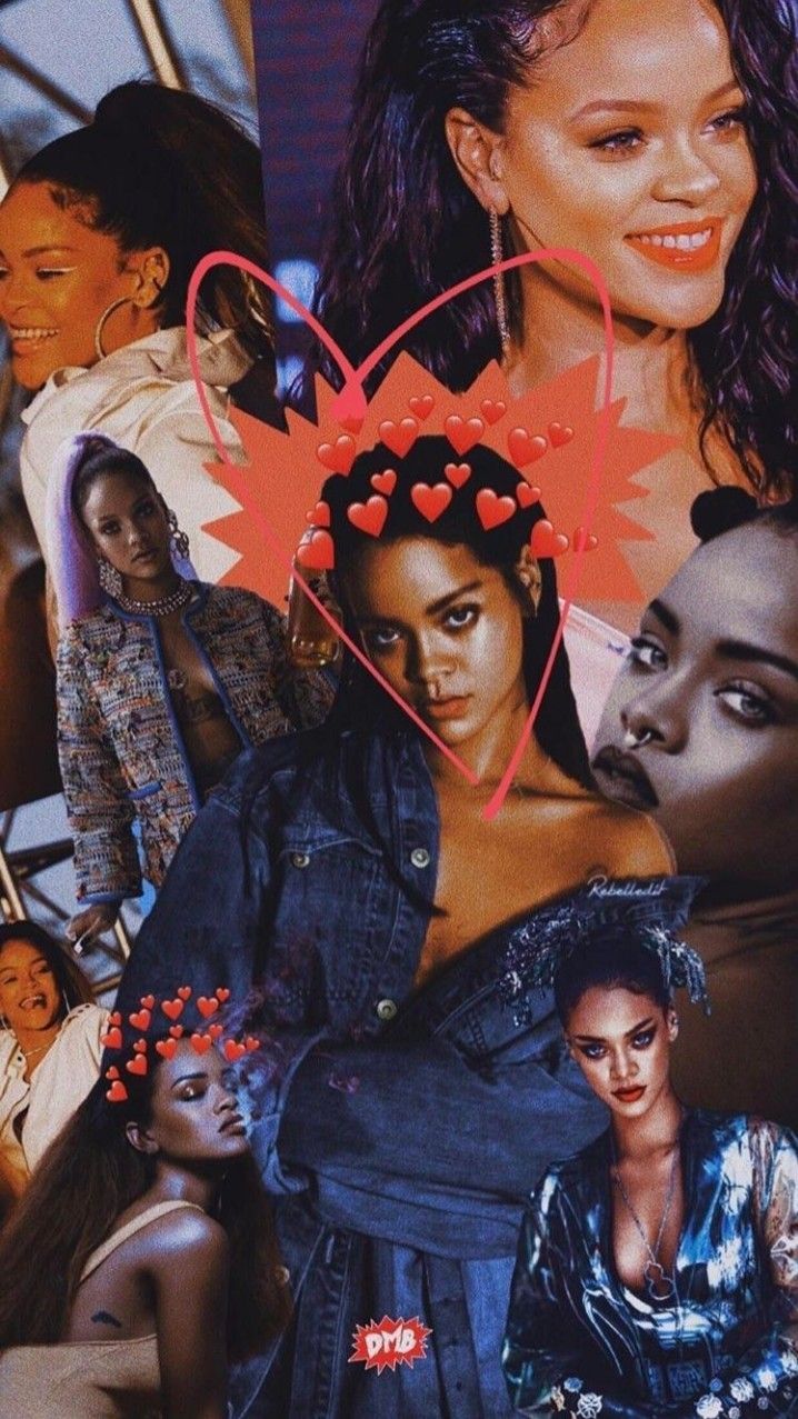 A collage of photos of<ref> black women</ref><box>(637,623),(995,997)</box><box>(198,313),(859,997)</box> with a red heart outline - Rihanna