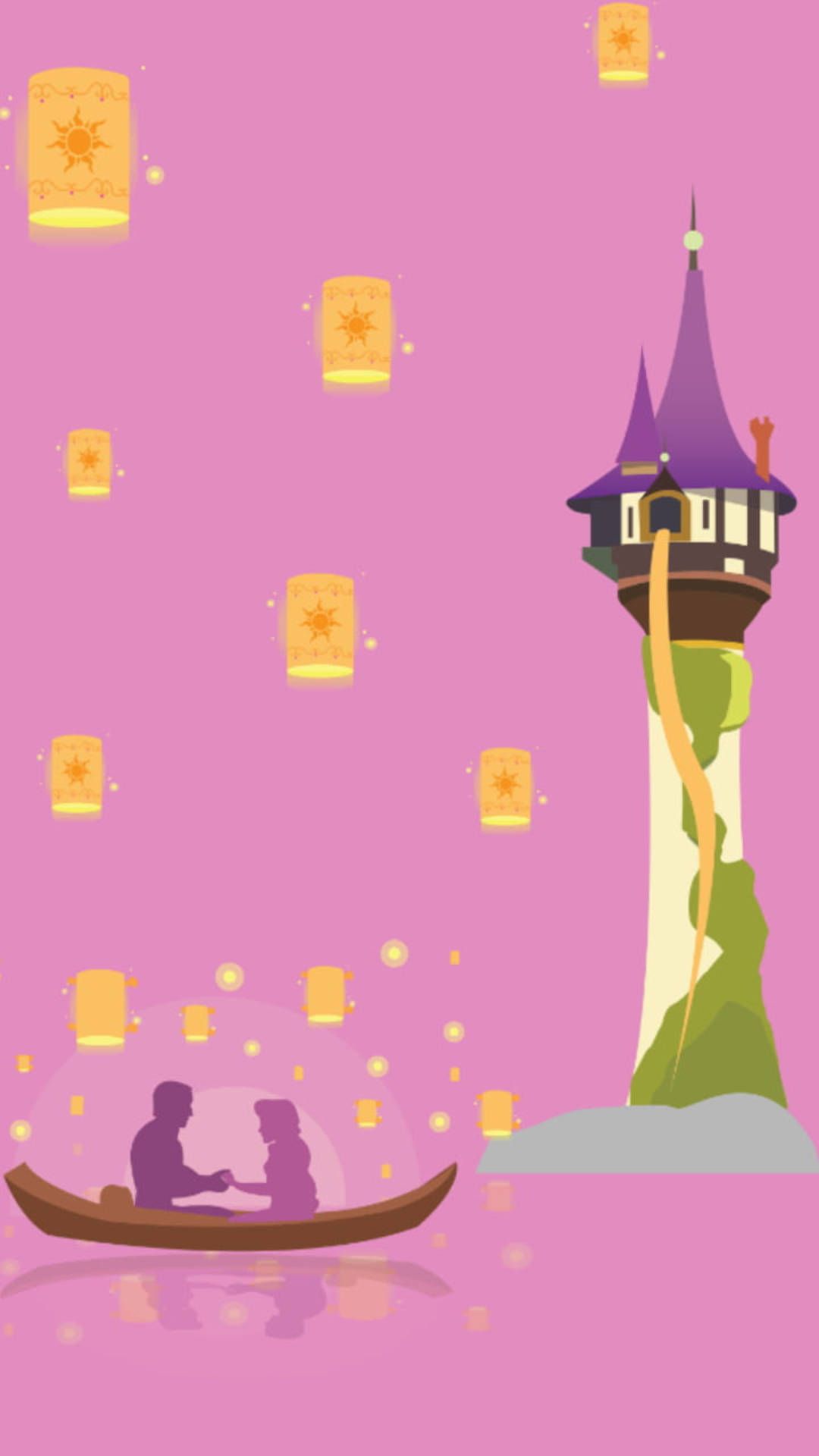 Wallpaper for Disney's Tangled with Rapunzel's tower, lanterns, and Flynn and Rapunzel in a boat - Rapunzel