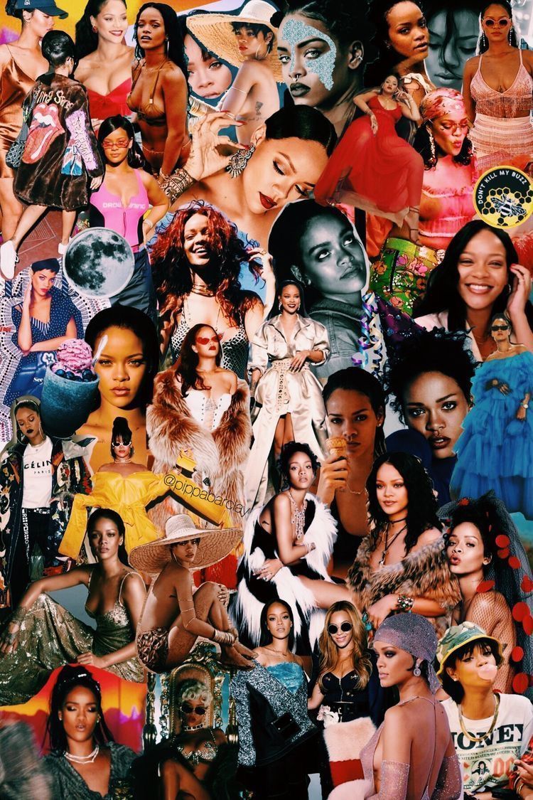 A collage of Rihanna in various outfits and poses. - Rihanna