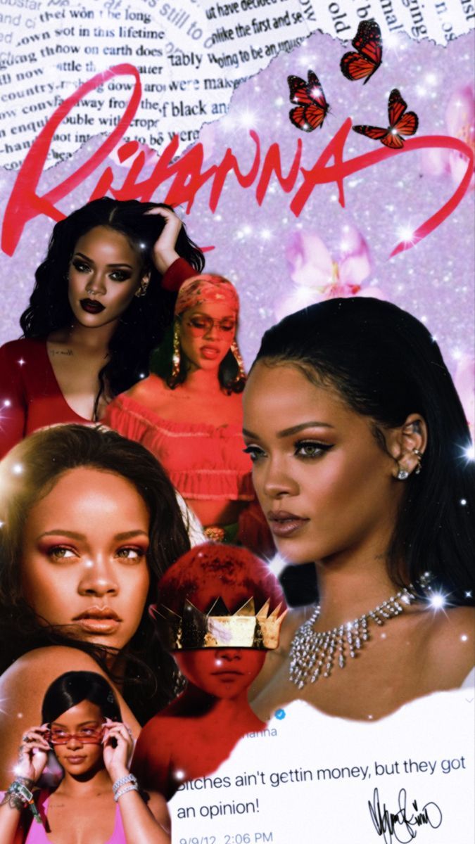 A collage of Rihanna with a butterfly and money themes - Rihanna