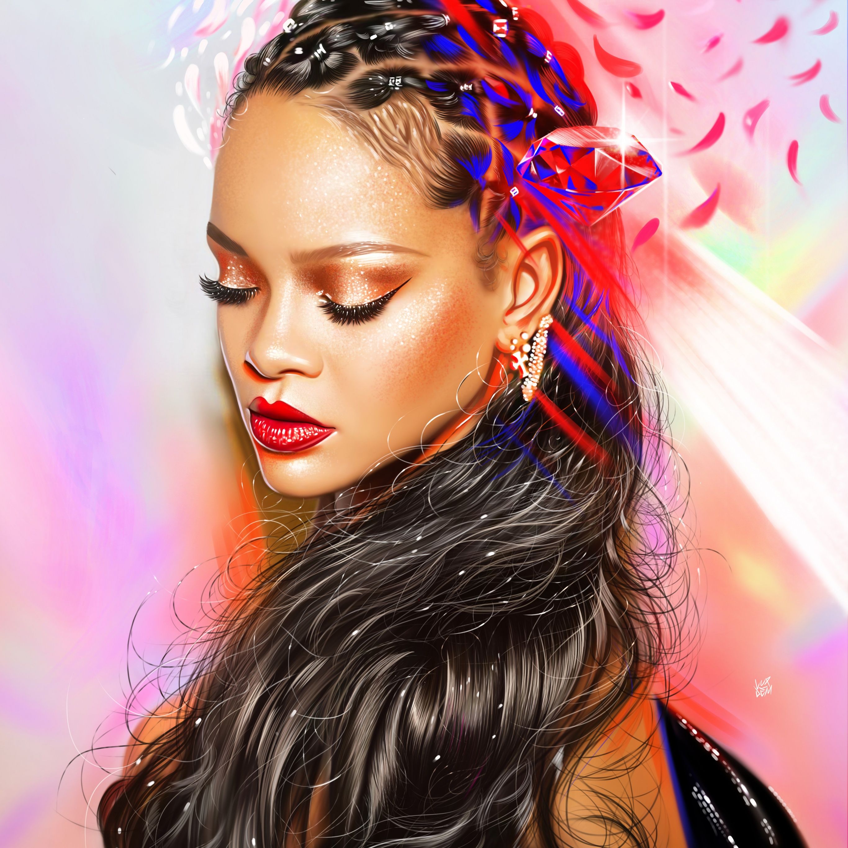 A digital painting of a woman with long hair and a red bow in her hair. - Rihanna