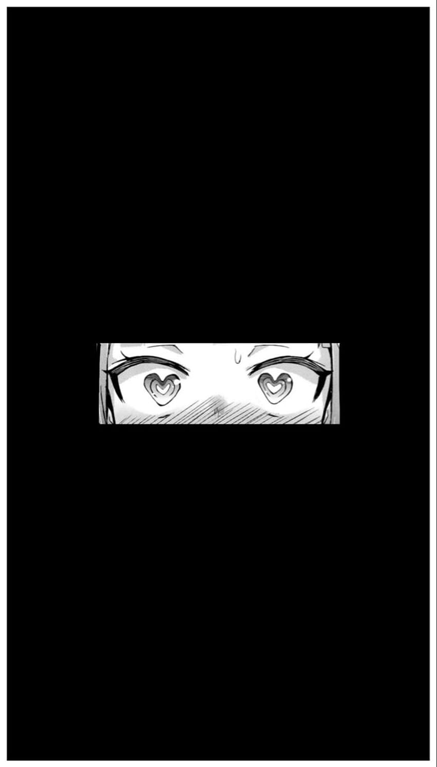 A black and white manga style image of a pair of eyes peering out from a black background. - Black anime