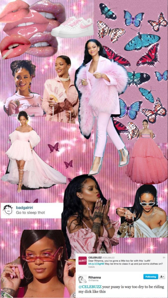A collage of images of Rihanna in various outfits and with butterflies around her. - Rihanna