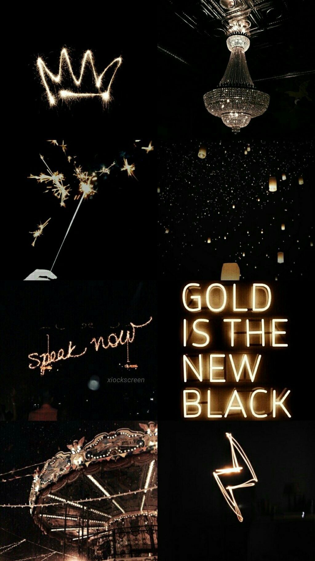 Collage of black and gold aesthetic images including a crown, fireworks, a chandelier, and a neon sign - Science, gold